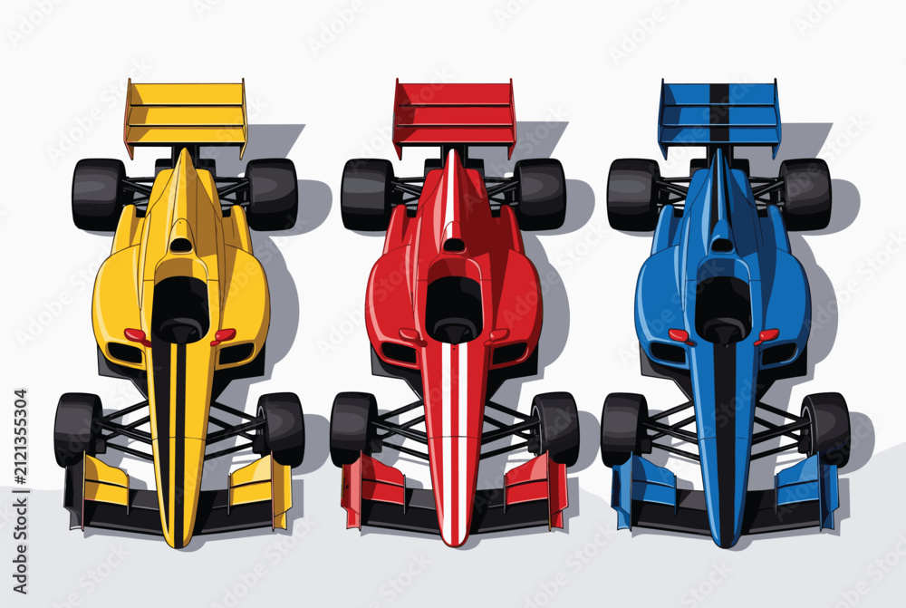 Fototapeta premium Top-down view of three sleek formula racing cars in yellow, red, and blue colors ready for high-speed competition.