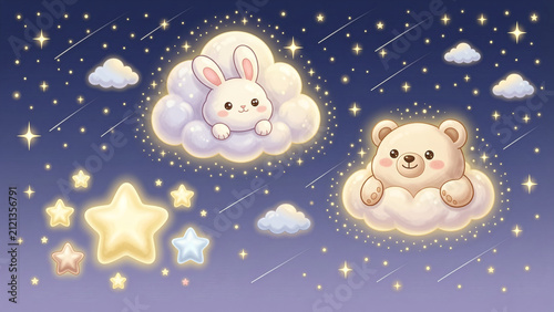 Dreamy fairy tale night sky background loop with glowing soft stars, whimsical clouds, and magical fantasy elements.