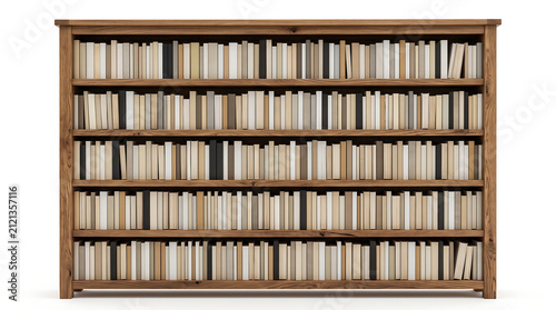 Classic wooden bookshelf filled with many books isolated on white background