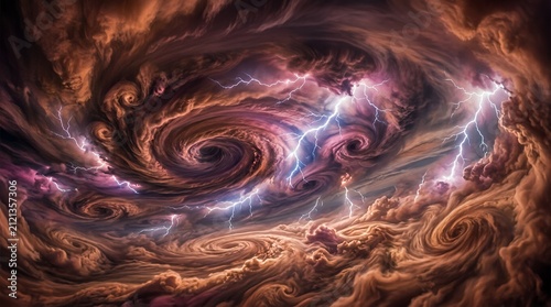 Cosmic vortex storm with lightning in purple nebula.