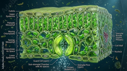 Cross section diagram of leaf cellular structure.