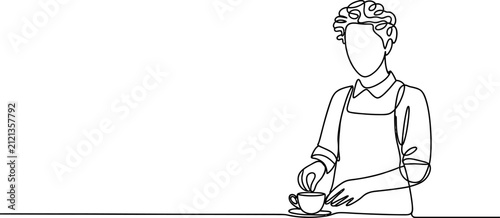Continuous line drawing of a barista making a fresh cup of coffee drink