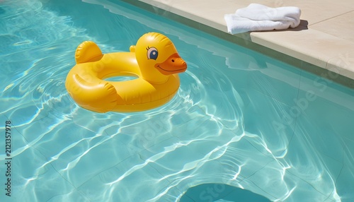 Yellow duck inflatable floatie floating in sunny swimming pool water for summer vacation and child swimming pool water activities concept