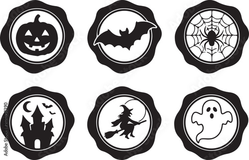 Halloween wax seal stamp vector set, witch pumpkin ghost and spider wax stamp icons, and vintage envelope seal graphics. Flat and modern vector design.