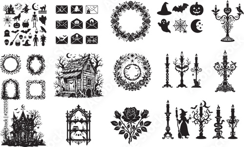 Mega halloween silhouette vector bundle, gothic wreaths haunted house candelabra and witch icons, and spooky decorative graphic collection. Flat and modern vector design.