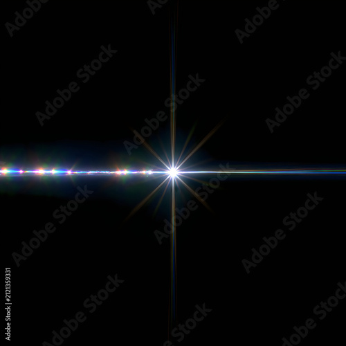 Bright star light flare with horizontal anamorphic lens streak and vertical rays isolated on black background