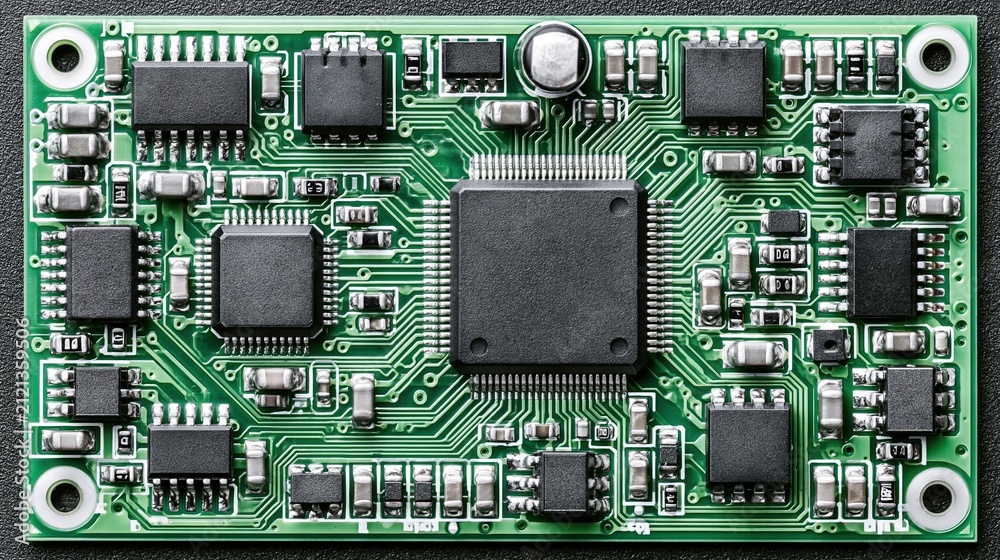 Fototapeta premium Close-up of a complex green printed circuit board with integrated circuits and electronic components