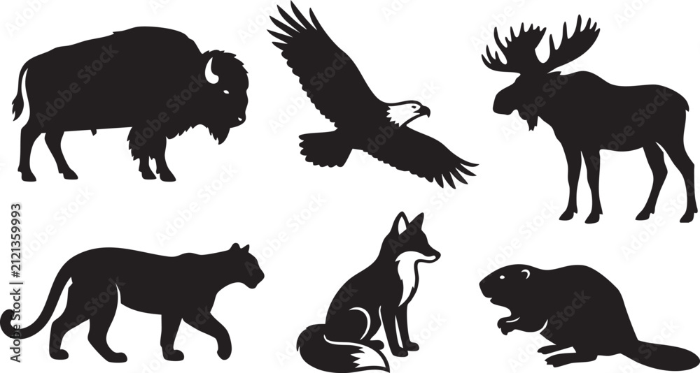 Obraz premium North American wildlife animal silhouettes, set of 6 black vector icons, bison eagle moose cougar fox and beaver forest fauna collection