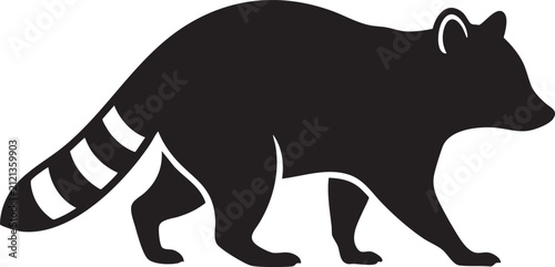 Minimalist raccoon silhouette vector, black wild animal profile icon, walking forest mammal graphic isolated on white background