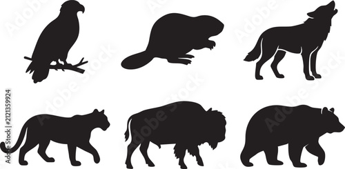 North American wildlife animal silhouettes, set of 6 black vector icons, wild forest fauna including wolf, bear, eagle, bison, beaver and cougar