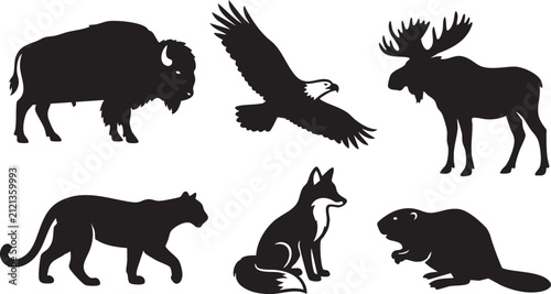 North American wildlife animal silhouettes, set of 6 black vector icons, bison eagle moose cougar fox and beaver forest fauna collection