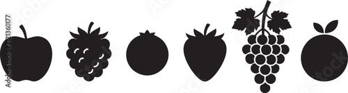 Minimalist fruit silhouette icons set, black organic food symbols on white background, 6 vector fruit elements for grocery and menu design