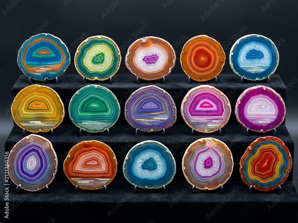Fototapeta premium Colorful Agate Slices Displayed on Shelves Showcasing Vibrant Gemstones and Mineral Specimens