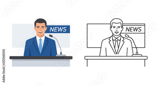News Anchor Illustration Colorful And Linear Versions On White Background