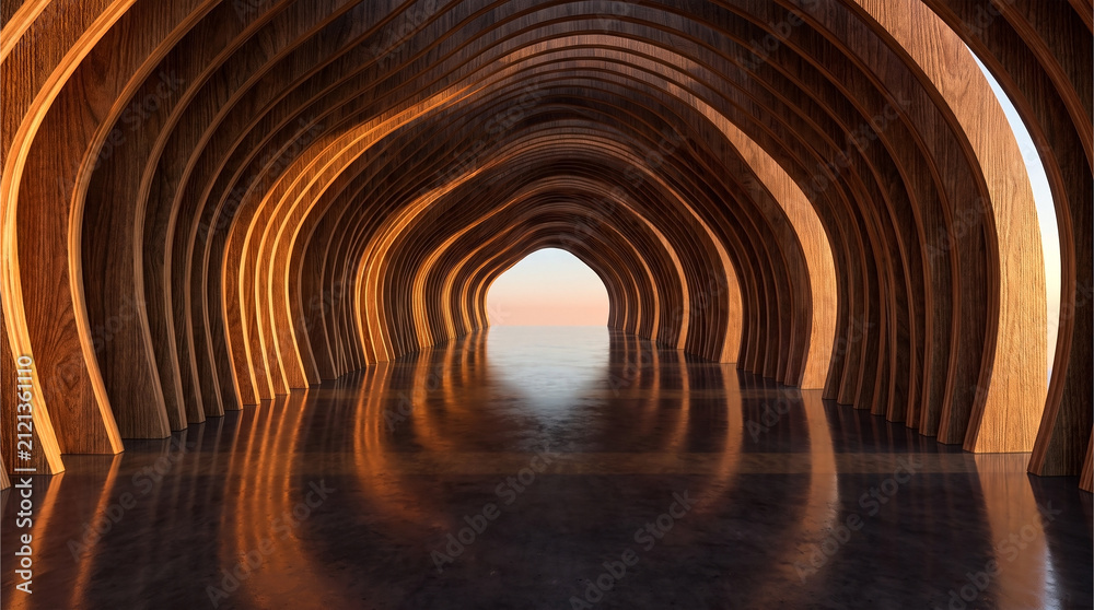Obraz premium Abstract 3D render of a symmetrical parametric wooden tunnel with ribbed arches and a highly reflective floor leading to a warm horizon.