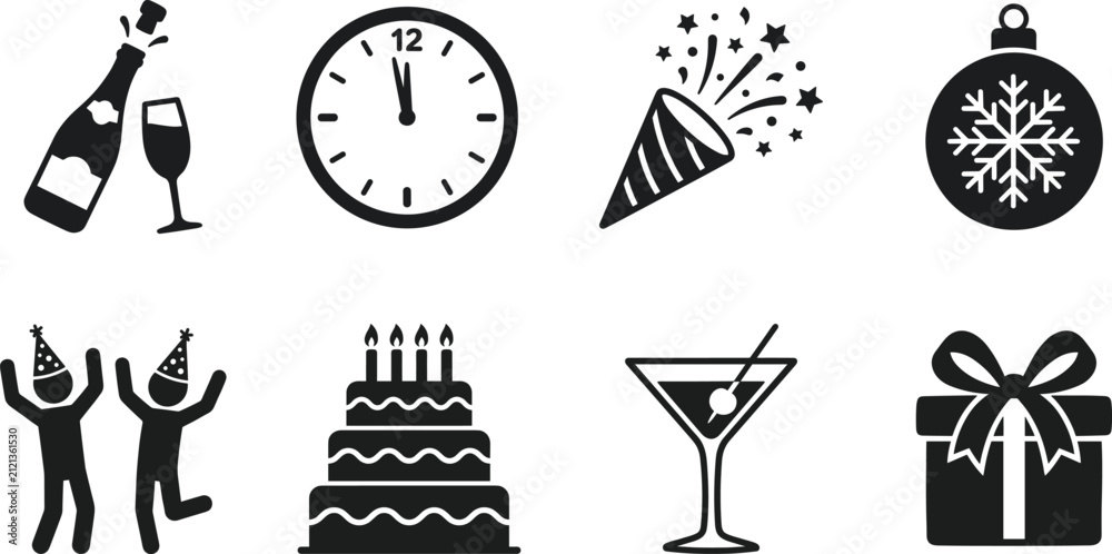 Naklejka premium New Year and Birthday Celebration Icon Set Featuring Champagne, Countdown Clock, Party Popper, Cake, Cocktail, and Gift Box Elements for Festive Graphic Designs.