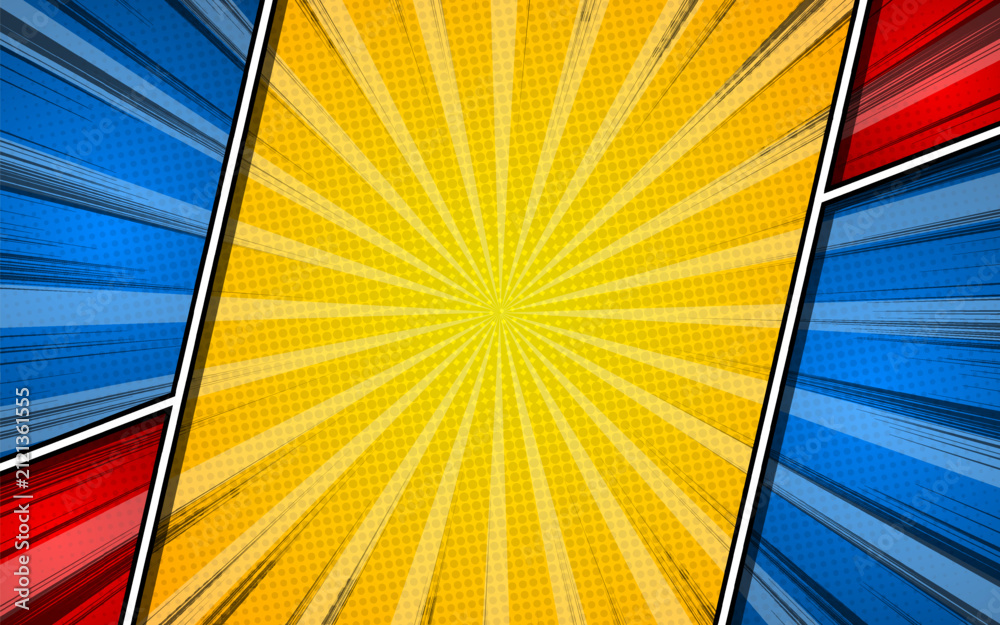 Fototapeta premium Comic book page concept with halftone rays radial effects. Vector illustration