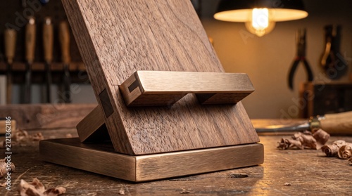 Handcrafted walnut and brass stand on a woodworking bench with shavings and tools