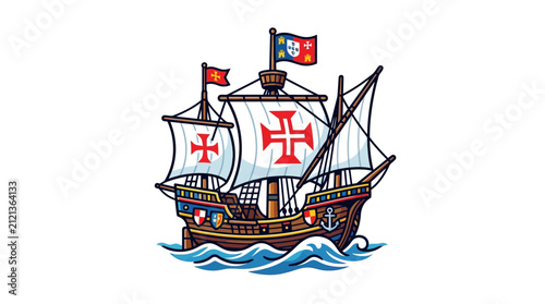 Illustration of a historic Portuguese caravel sailing on ocean waves.