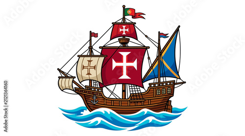 Historical Portuguese Caravel Ship Sailing on Ocean Waves.