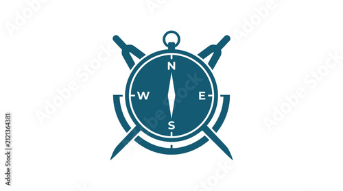 Minimalist blue compass icon with crossed drafting dividers for navigation and design concept.