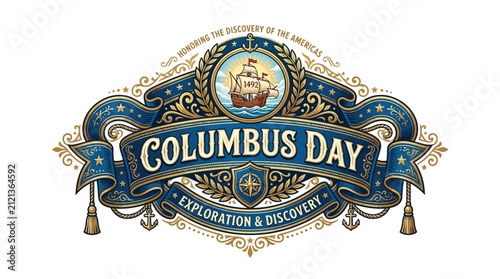 Decorative Columbus Day vintage emblem with ship and nautical elements.