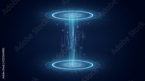 Glowing blue digital portal with circular rings and vertical light beams on dark background