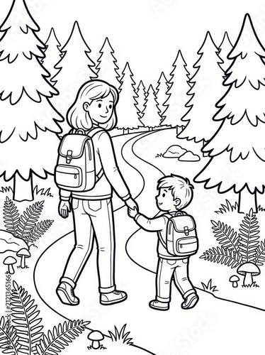 Mother and son hiking in a forest