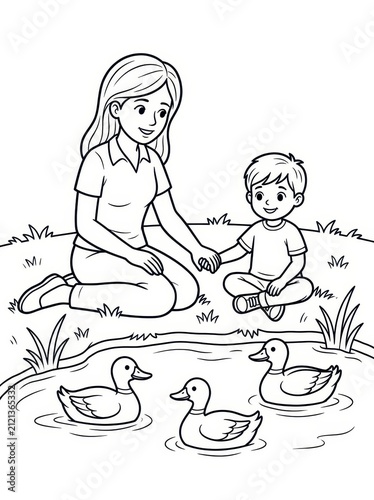 Mother and child watch ducks in a pond