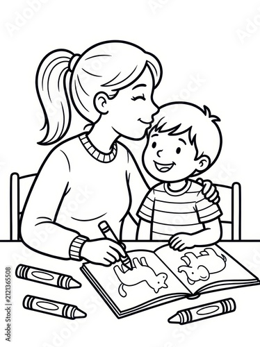 Mother kissing son while coloring