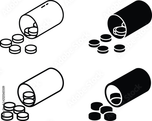 Medicine Bottle with Pills Line and Glyph Icons Isolated Vector Set