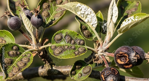 Close up of apple leaves affected by fungal disease and pests with agriculture