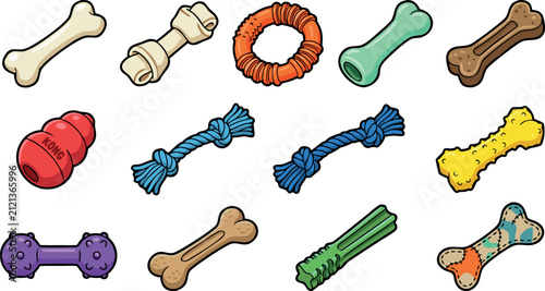 Dog chew toy and bone icon set vector illustration featuring colorful rubber rings knotted ropes dental treats and classic puppy play fetch training elements