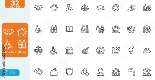 Social policy Vector illustration line editable Icons set. Social services Linear Icons, Including, healthcare, family, education, protection, law, insurance, healthcare, reform and more.