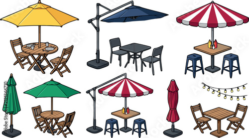 Outdoor cafe table and umbrella furniture set vector illustration featuring restaurant patio parasols folding wooden chairs string lights and diner seating elements