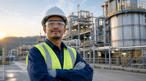Industrial technician in hard hat and safety vest depicting refinery engineering, plant maintenance, and worker confidence at sunset