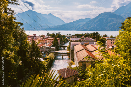 Vibrant hydroelectric infrastructure overlooking the Lake Como village of Bellano