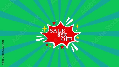 85% off sale promotional animation with red burst and green sunburst background, discount marketing