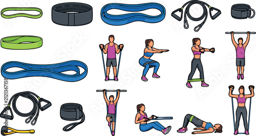 Resistance band workout icon set vector illustration featuring fitness equipment and people exercising doing squats pullups and glute bridges for gym training guides