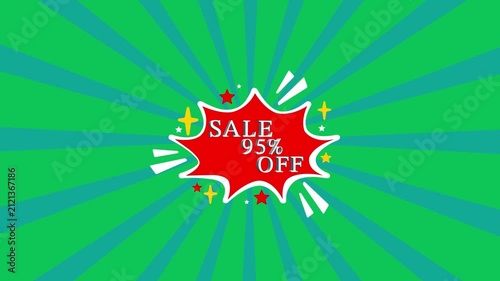 95% off sale promotional motion with red burst starburst animation on green sunburst background discount