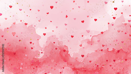 Delicate watercolor background with falling red hearts and golden glitter accents