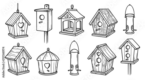Принти на полотні Hand drawn wooden birdhouse and bird feeder vector icon set in black and white s
