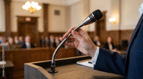 Close-up of a speaker adjusting the microphone at a courtroom podium