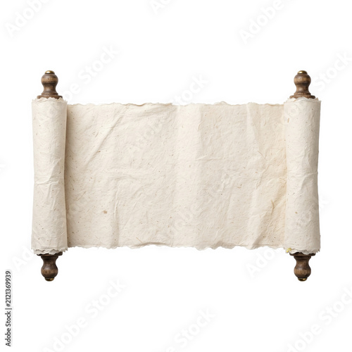 Scroll features textured off-white paper with wooden handles on transparent background