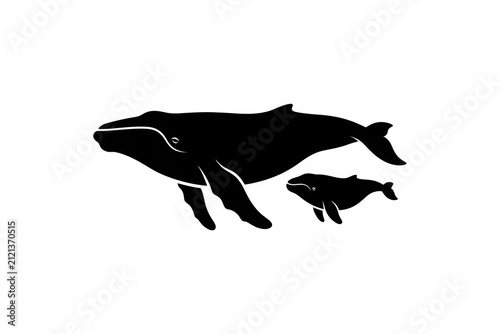 Mother Whale with Baby Calf Silhouette - Marine Mammal Parent and Young  Illustration