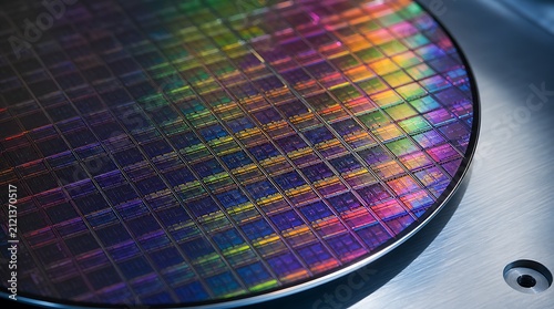 Obraz w ramie Macro view of silicon wafer disc with intricate microchip grid, highlighting semiconductor production, microchip manufacturing, and tech