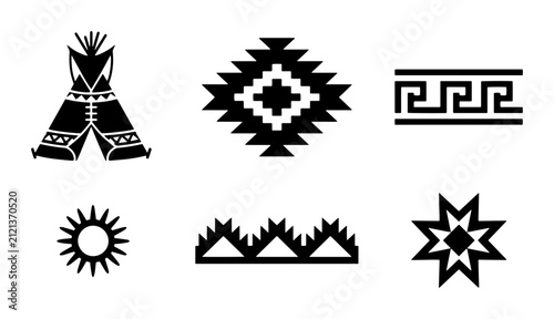Fotografie 70 Native American Icons Set: Teepee, Geometric Patterns, Sun Symbol, Tribal Bor