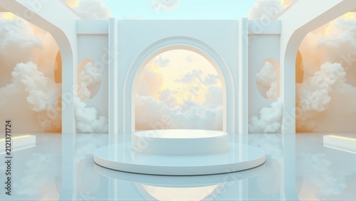 Minimalist stage design. White architecture frames clouds, creating serene presentation space. Soft lighting enhances dreamy atmosphere.