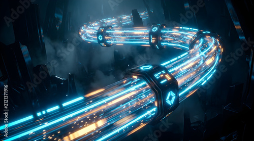 Futuristic Curved Data Pipeline Visualization with Flowing Light Streams and Modular Nodes, Abstract Cybersecurity and Big Data Network Concept, Cinematic Neon Blue and Amber 3D Render