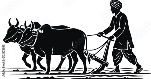 Black and white vector illustration of farmer plowing field with oxen using traditional wooden plow for agriculture concept